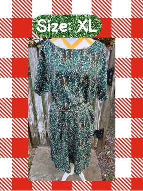 Green Patterned Women's Belted Dress